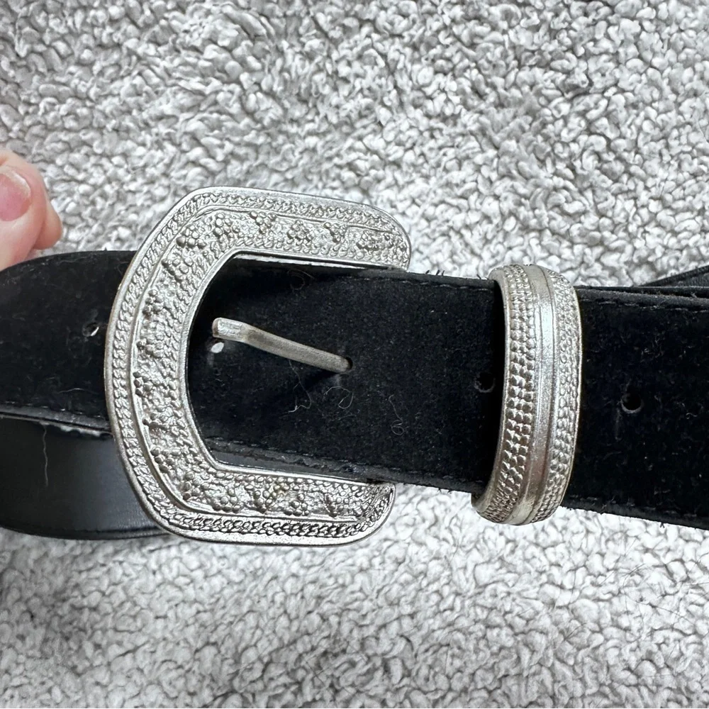 Black Velvet Light Weight Belt Vegan Western Silver Tone Ornate Buckle and Tip.